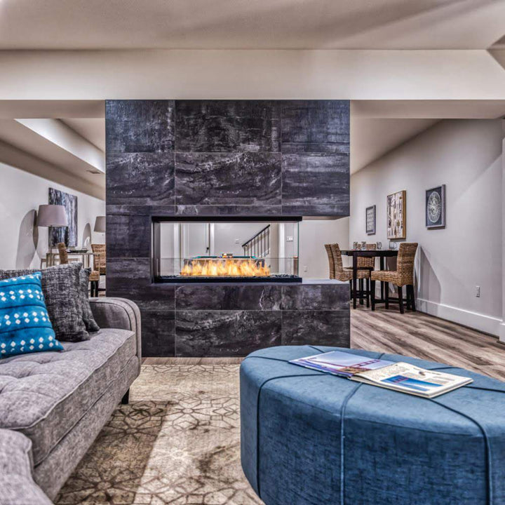 flex 68pn peninsula ethanol fireplace insert marbel finish grey sofa