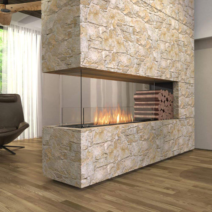 flex 68pn peninsula ethanol fireplace insert stone finish timber floorboards