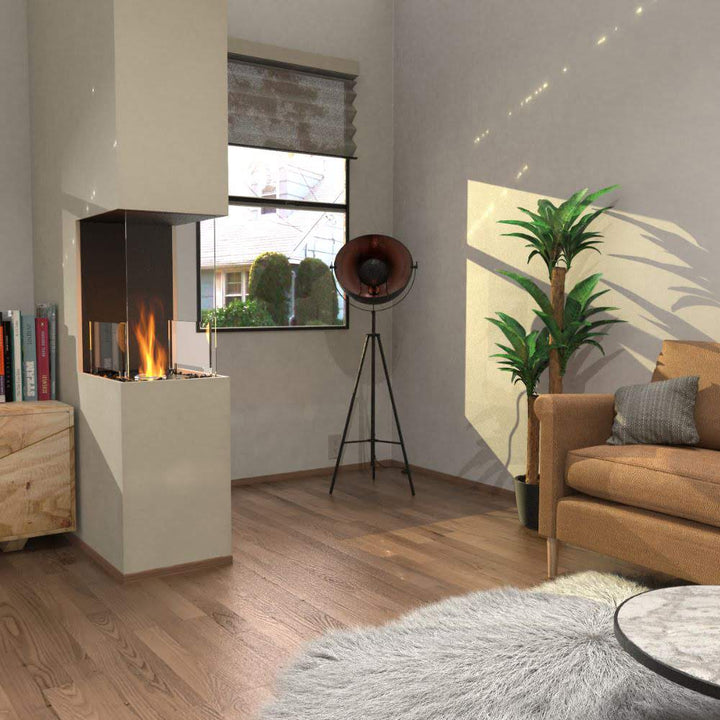 flex 68pn peninsula ethanol fireplace insert tan sofa timber floor