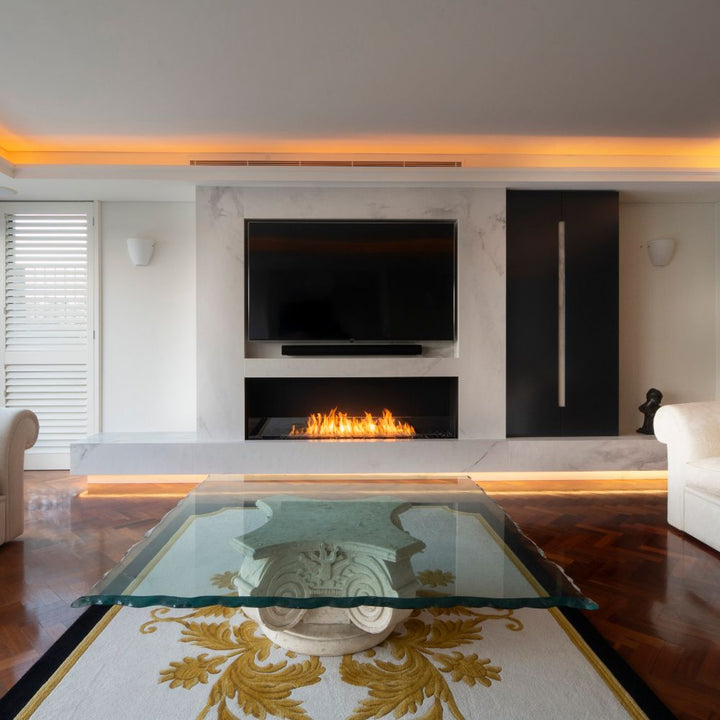 Flex 122SS Single Sided Ethanol Fireplace Insert luxury living room glass table