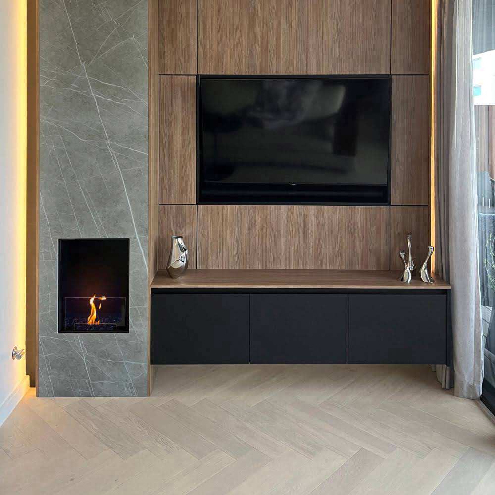 Flex 42SS Single Sided Ethanol Fireplace Insert Contemporary Stone Wall