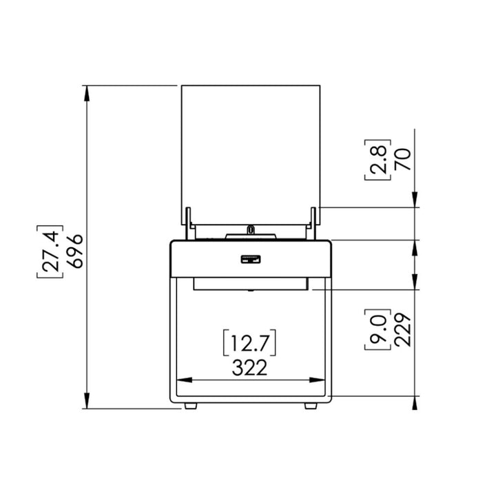 Pop 3L Low Ethanol Fireplace Technical Drawing Front View