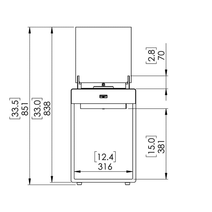 Pop 3T Tall Ethanol Fireplace Technical Drawing Front View