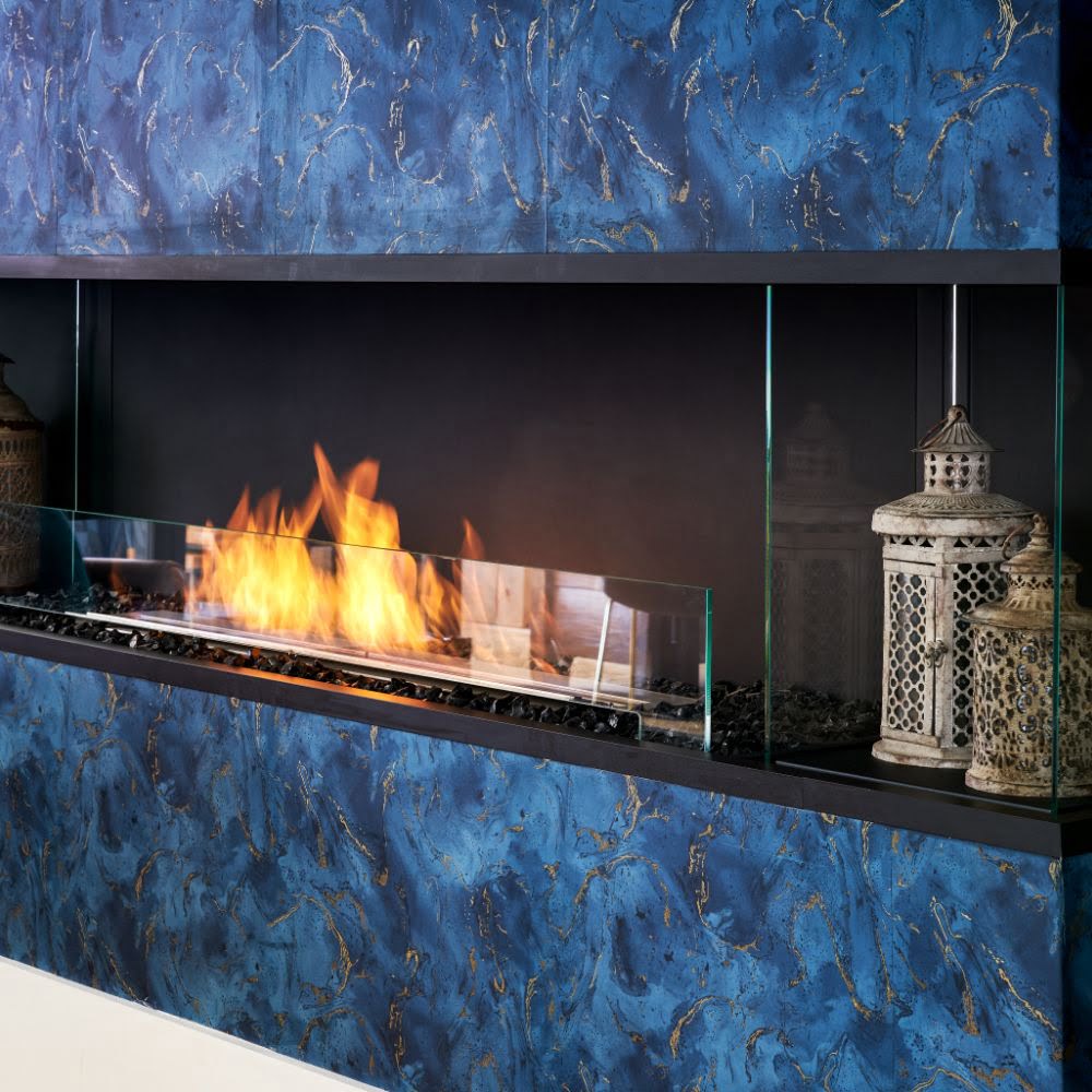 flex 158by ethanol bay fireplace insert blue feature wall