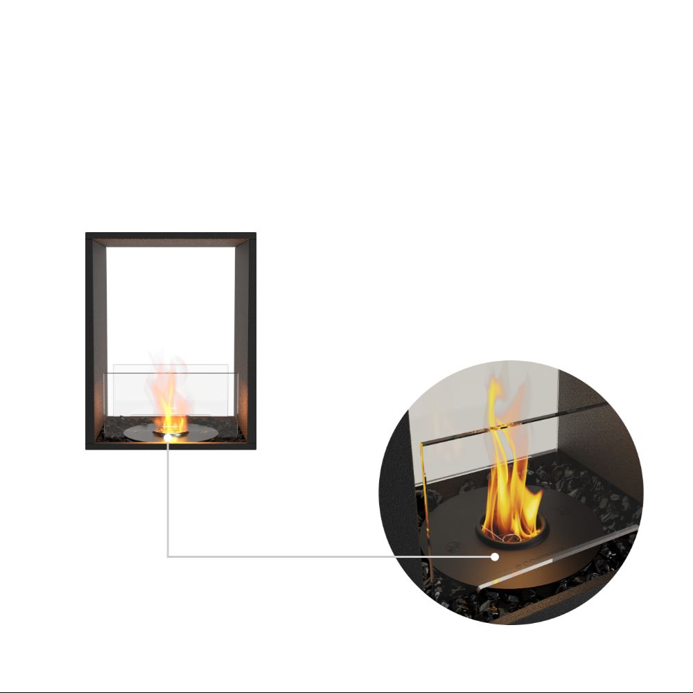 Modern ethanol fireplace with flames displayed on a white background