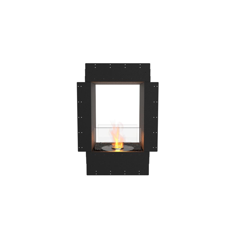 Modern black fireplace with glass door on a white background