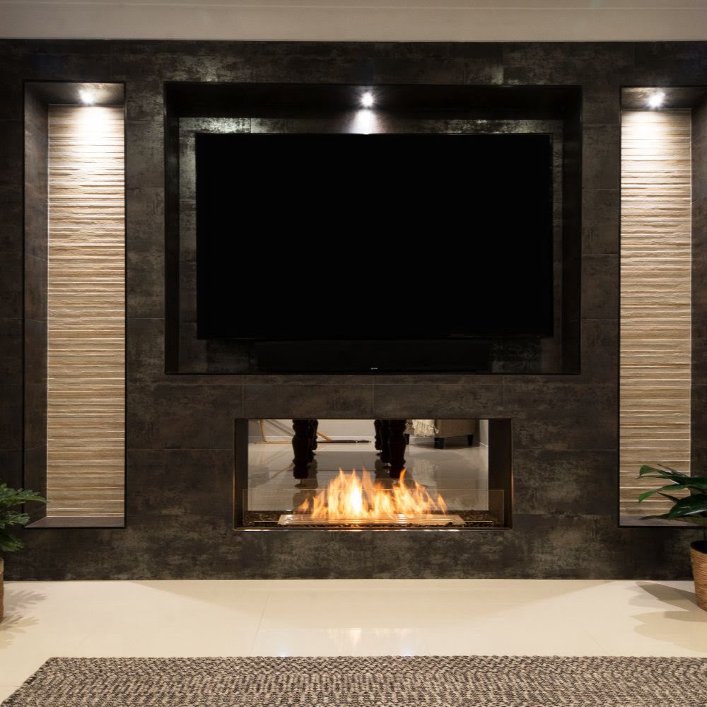 Modern living room with a television mounted above a fireplace.
