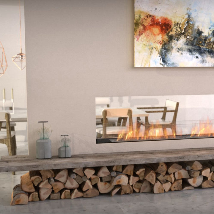 Flex 18DB Modern living room with a fireplace, logs, and abstract art on the wall.