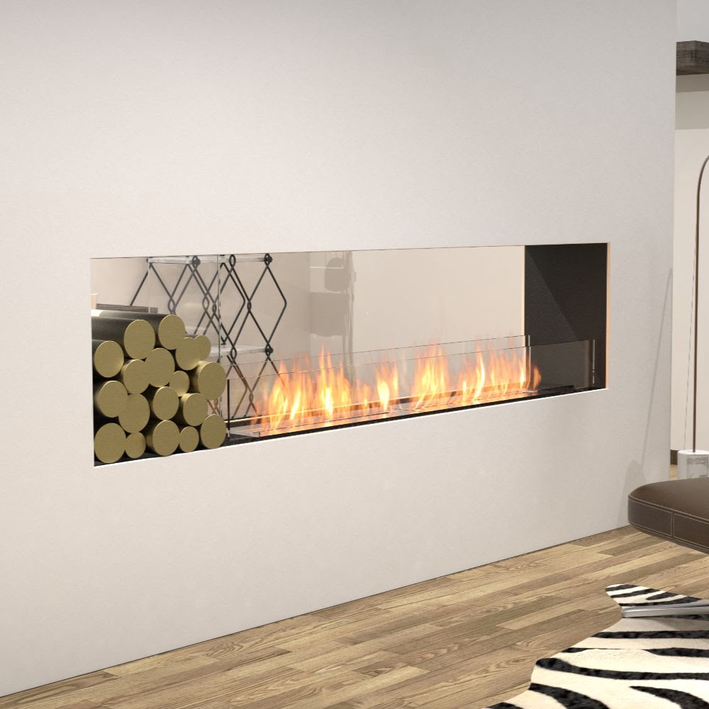 Flex 18DB Modern electric fireplace with logs and flames in a room with wooden floor and zebra print rug.