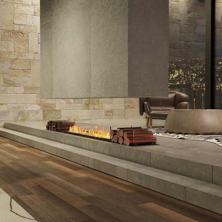 Flex 18IL Modern outdoor fireplace with stone wall and cityscape view