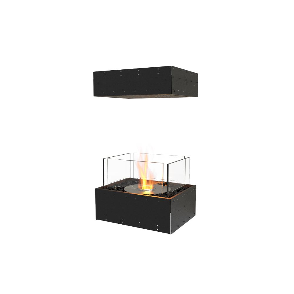 Flex 18IL Black fire pit with open flame on a white background