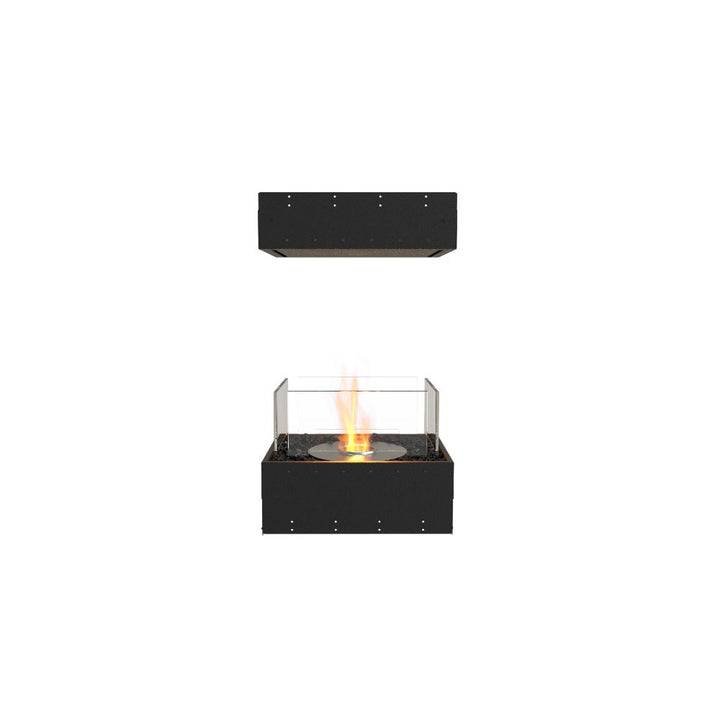 Flex 18IL Black ethanol fireplace with glass cover on a white background