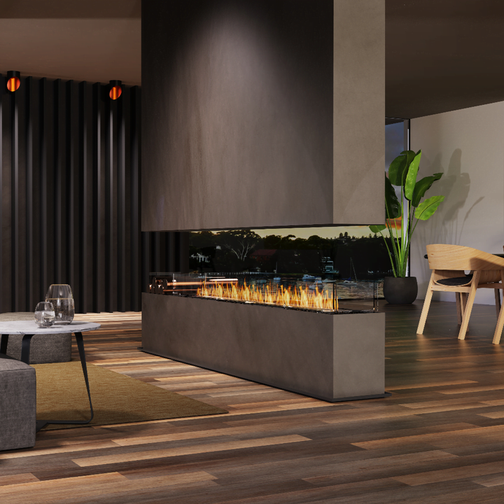 Flex 18IL Modern indoor fireplace with glass front in a living room setting.