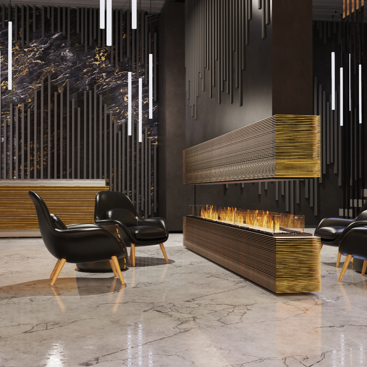 Flex 18IL Modern interior with a large fireplace, black chairs, and decorative wall elements.
