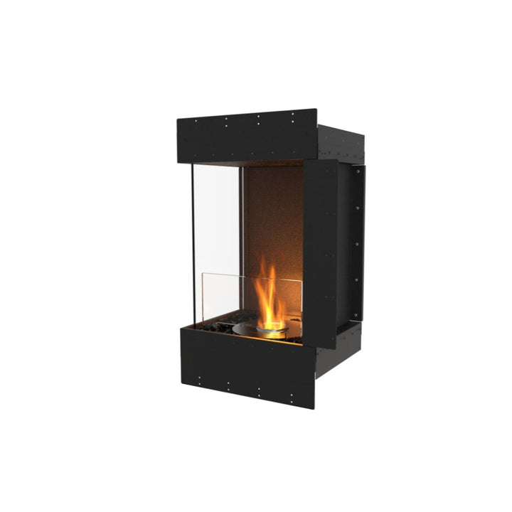 Flex 18LC Modern black freestanding fireplace with visible flames on a white background