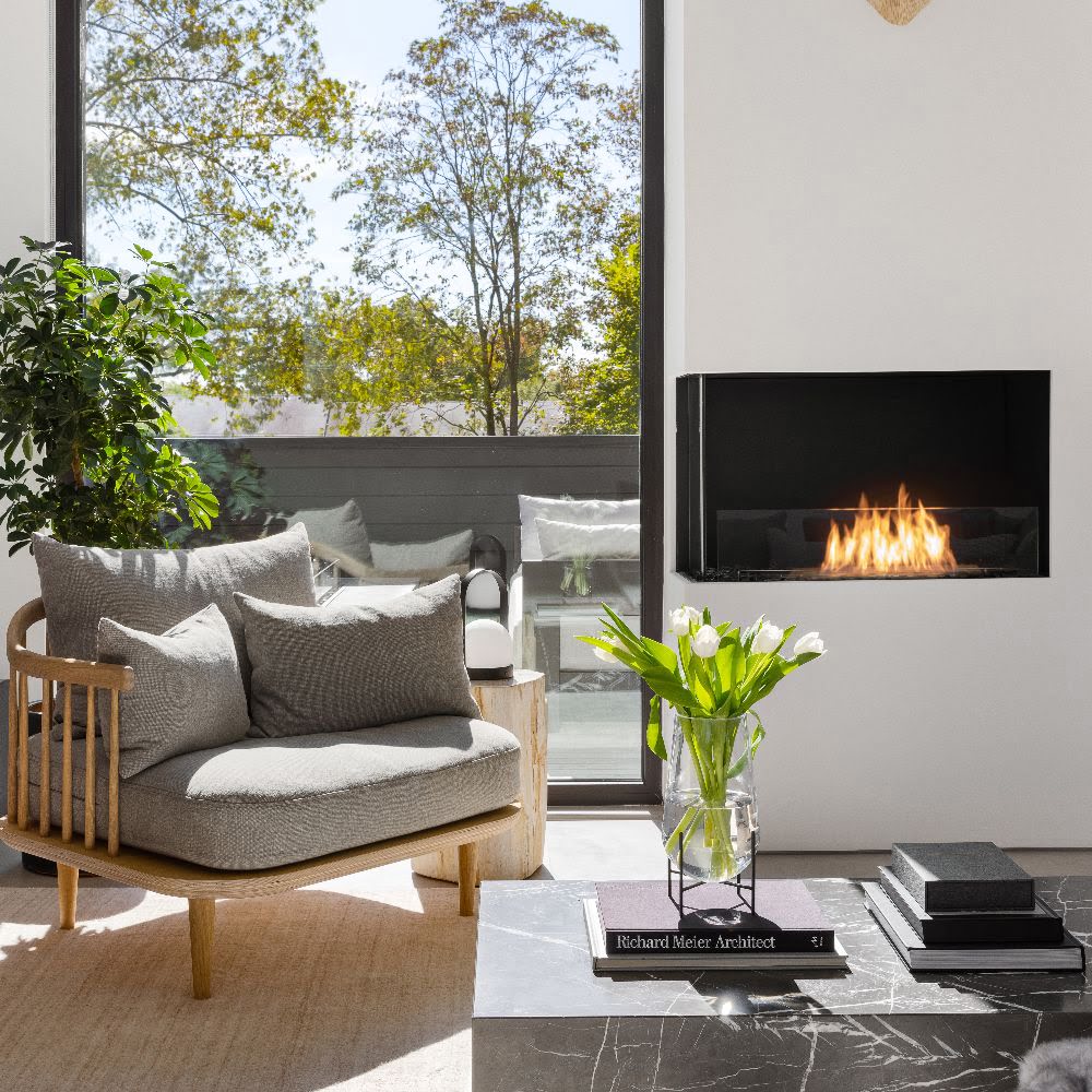 Flex 18LC Modern living room with a fireplace, sofa, and decorative elements.