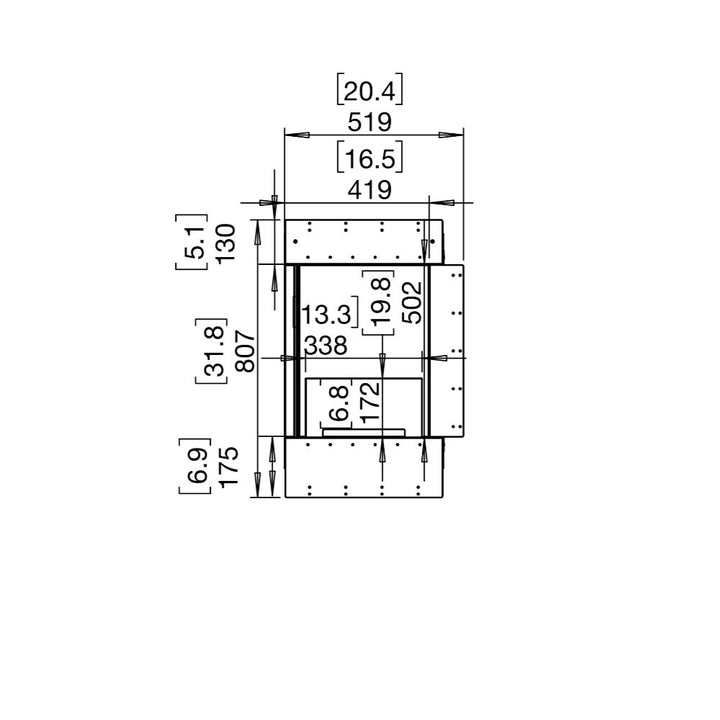 Flex 18LC Technical drawing with dimensions labeled on a white background