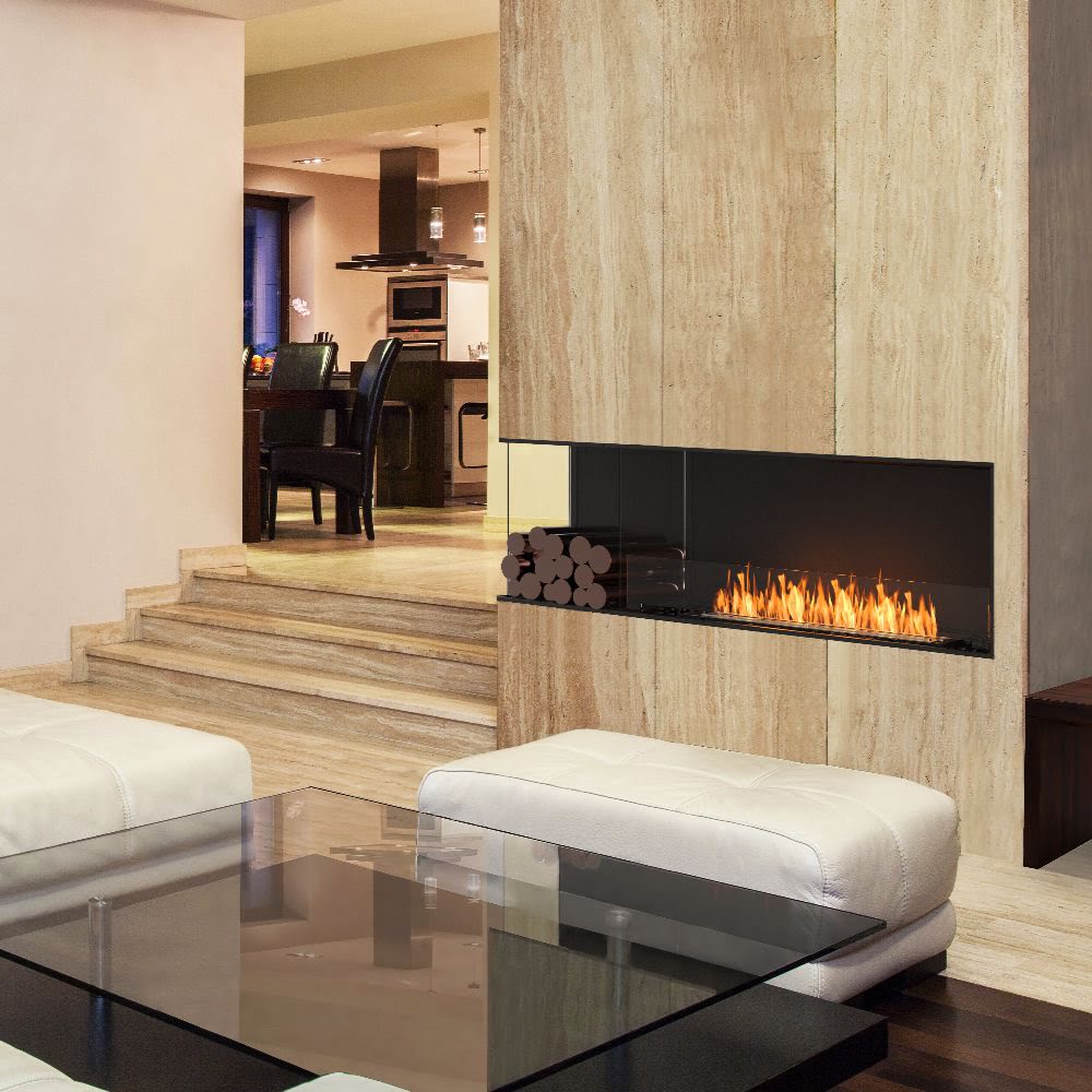 Flex 18LC Modern living room with a fireplace and glass coffee table.