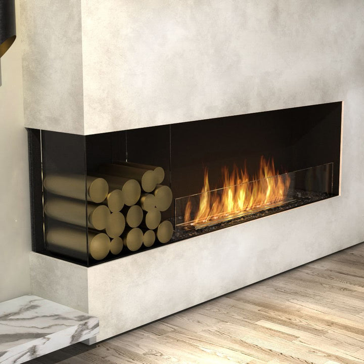 Flex 18LC Modern fireplace with flames and logs on a light-colored wall.