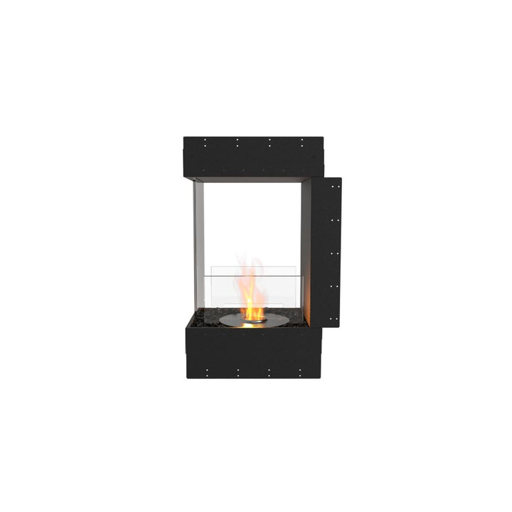 Flex 19PN Modern black fireplace with visible flames on a white background