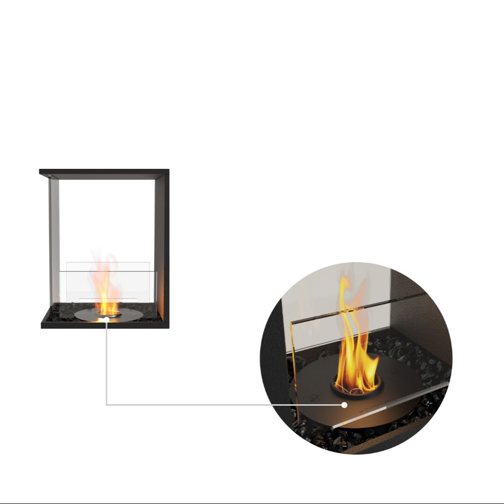 Flex 19PN Modern wall-mounted ethanol fireplace with close-up detail on a white background
