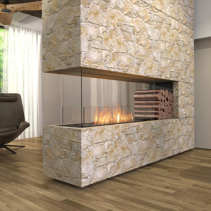 Flex 19PN Modern stone fireplace with glass front in a living room setting