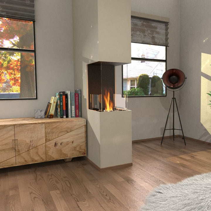 Flex 19PN Modern living room with a fireplace, wooden cabinet, and decorative items.
