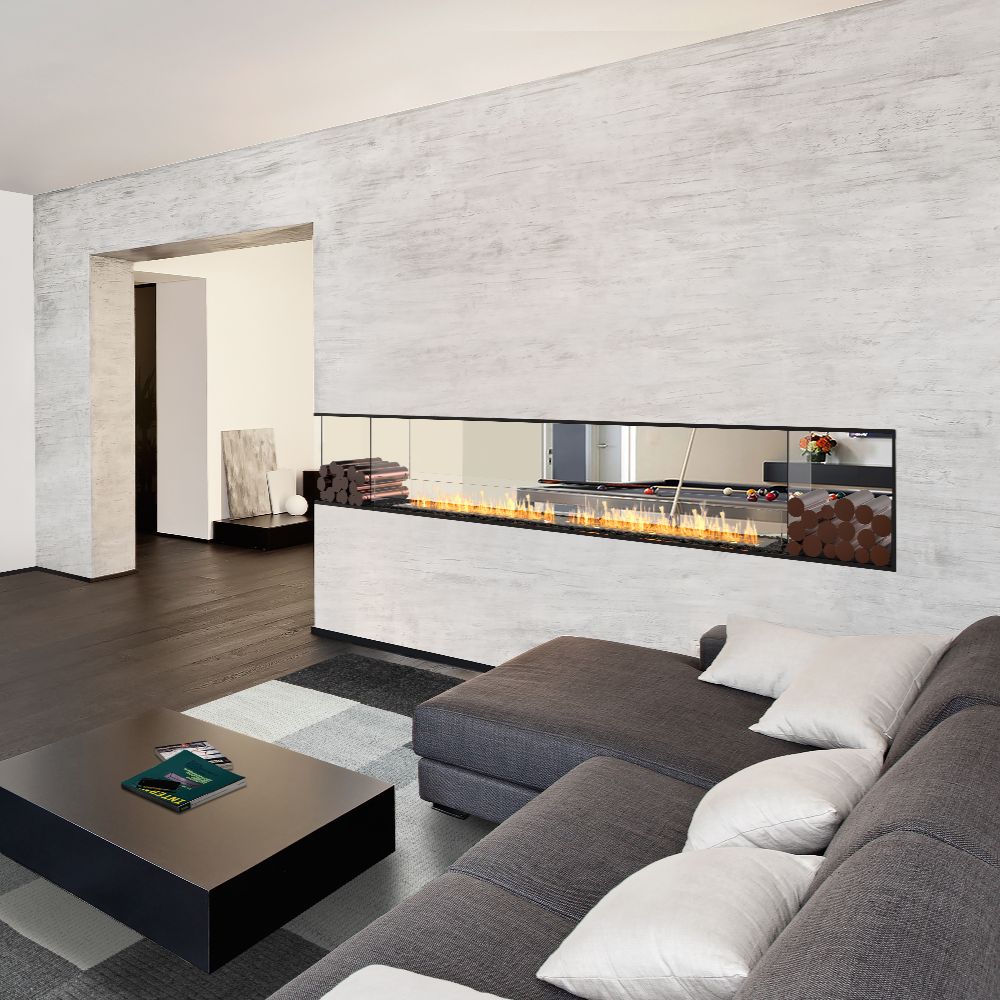 Flex 19PN Modern living room with a long linear fireplace, gray sectional sofa, and coffee table.