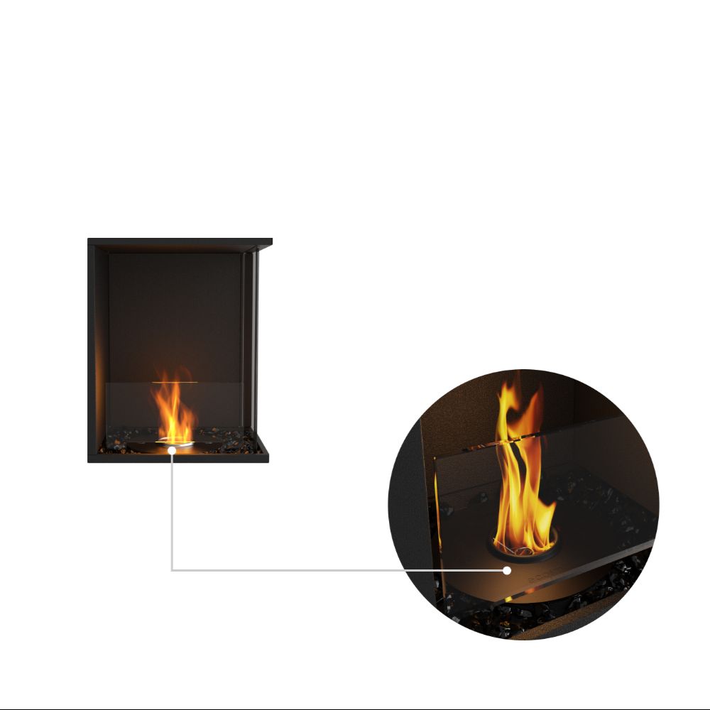 Flex 18RC Modern wall-mounted fireplace with flames on a white background