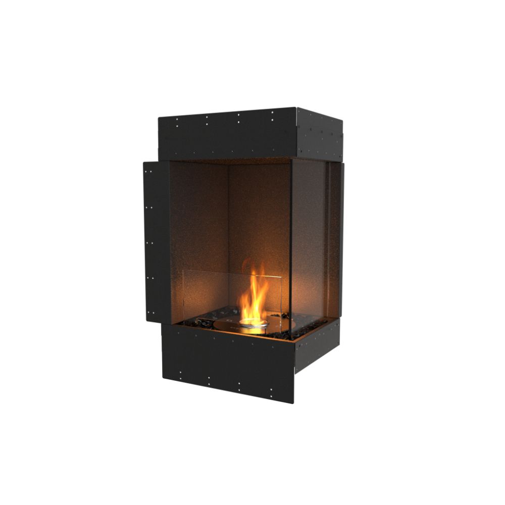 Flex 18RC Modern black fireplace with visible flames on a white background