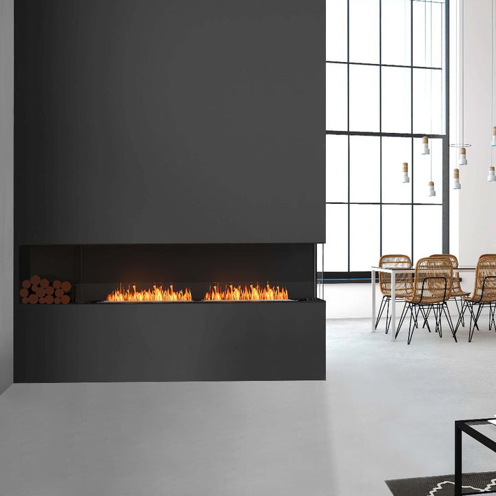 Flex 18RC Modern living room with a black fireplace and a dining area.
