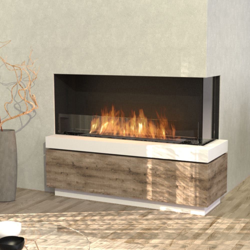 Flex 18RC Modern electric fireplace with wooden base and white accents on a neutral wall.