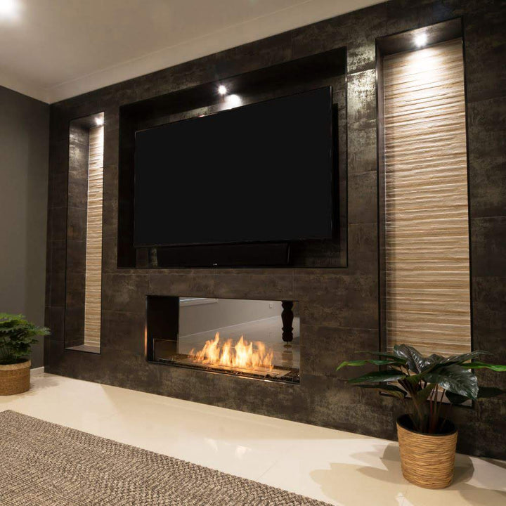 flex 32DB double sided ethanol fireplace insert Luxurious Living Room with Wooden Features