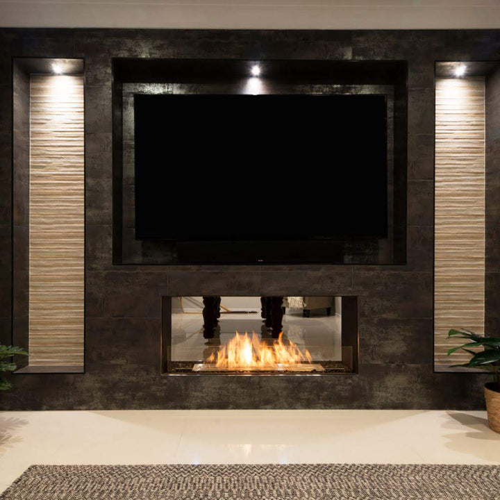 flex 32DB double sided ethanol fireplace insert Sophisticated Living Room with Panelled Walls