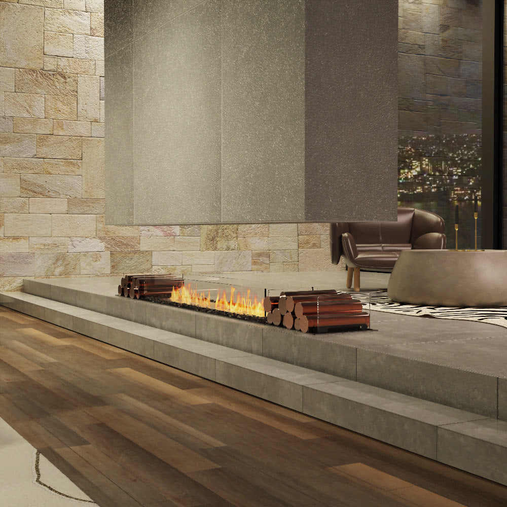 Flex 32IL Modern indoor fireplace with stone wall and cityscape view