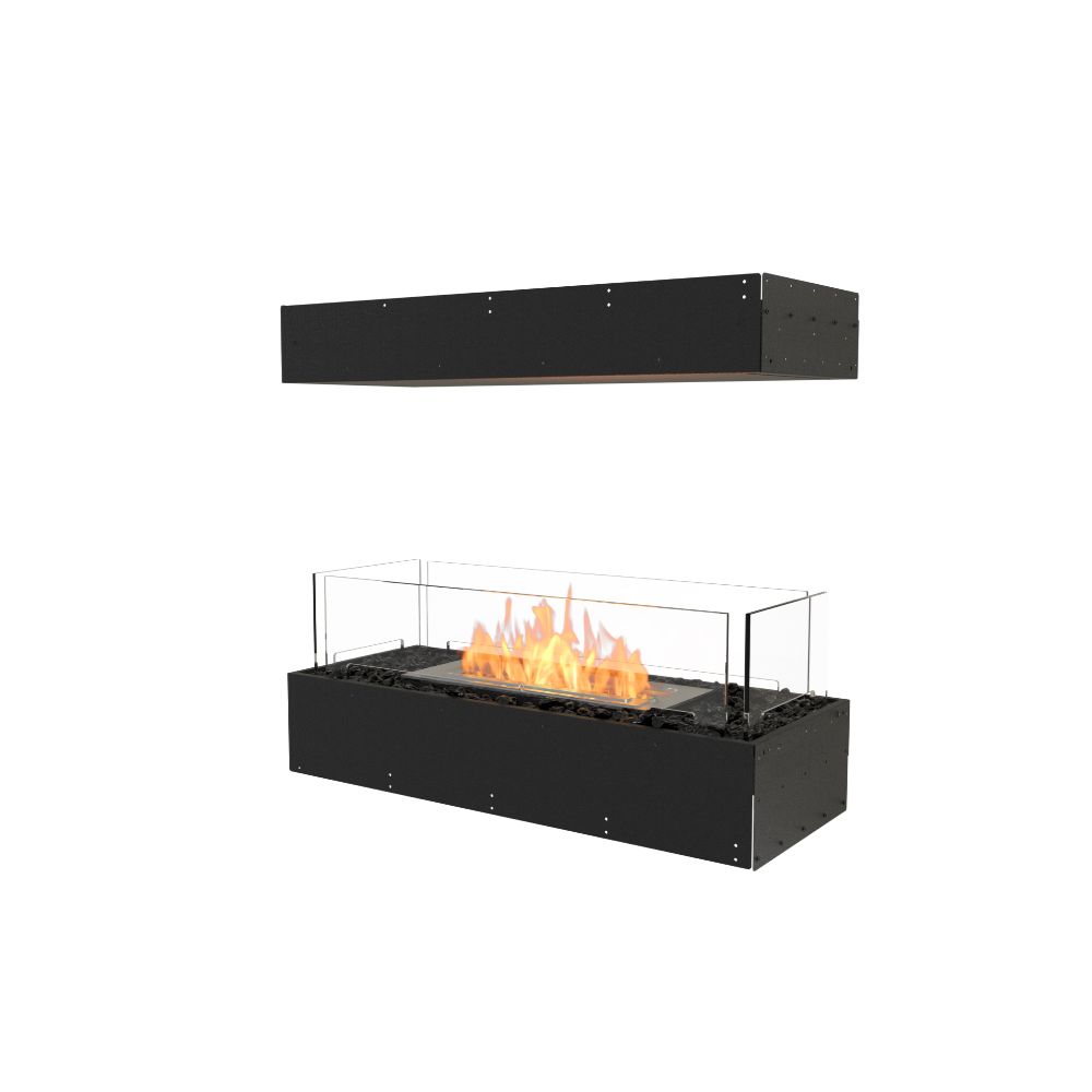 Flex 32IL Black bio ethanol fireplace with flames on a white background