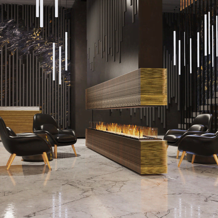 Flex 32IL Modern interior with a fireplace and black chairs in a stylish room.