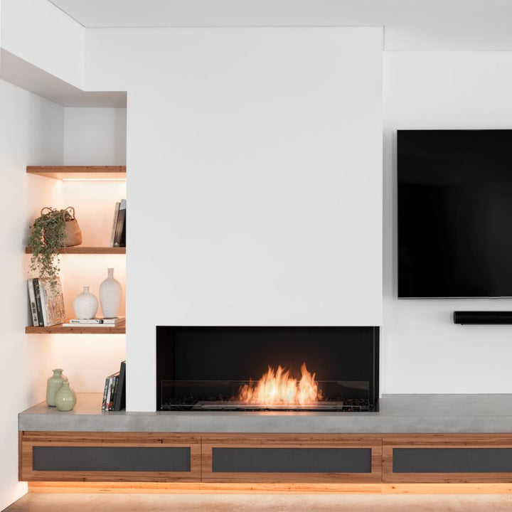 flex 32rc right corner ethanol fireplace insert Modern Living Space With Wall Mounted TV