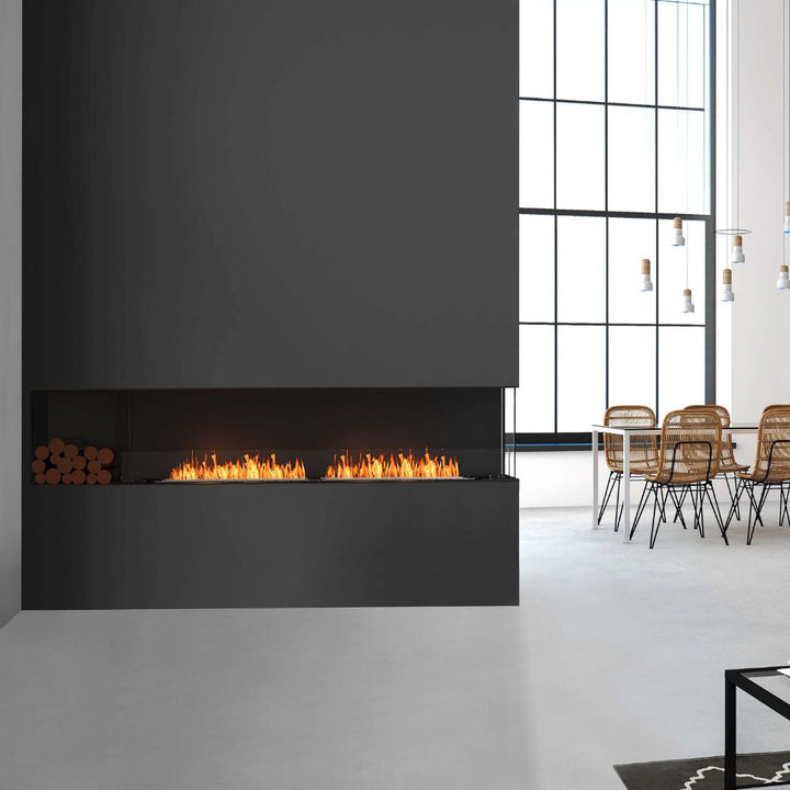 flex 32rc right corner ethanol fireplace insert Open Plan Living Area With Black And White Decor