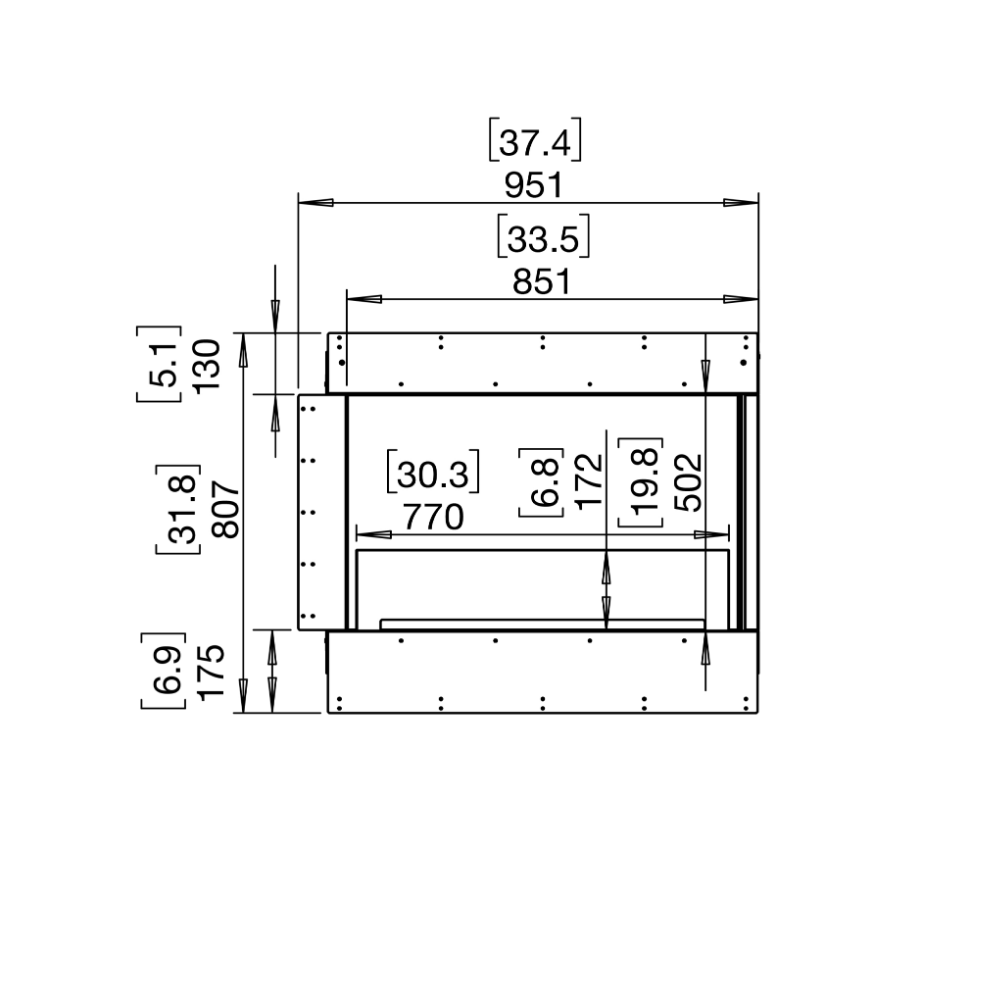 flex 32rc right corner ethanol fireplace insert Technical Drawing Front View