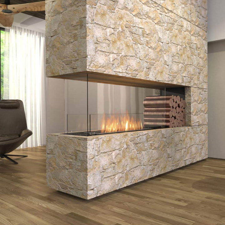 flex 42pn peninsula ethanol fireplace insert stone cladding timber floor