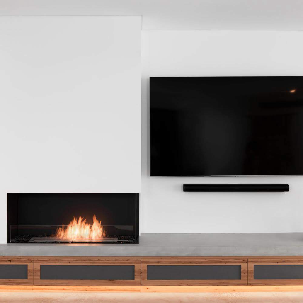 flex 42rc right corner ethanol fireplace insert Sleek White Living Room With Modern Fireplace