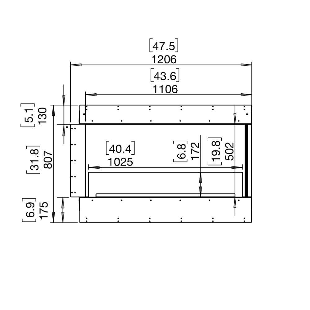 flex 42rc right corner ethanol fireplace insert Technical Drawing Front View