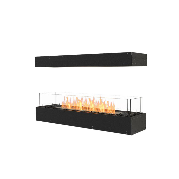Flex 50IL Black rectangular bio ethanol fireplace with flames on a white background
