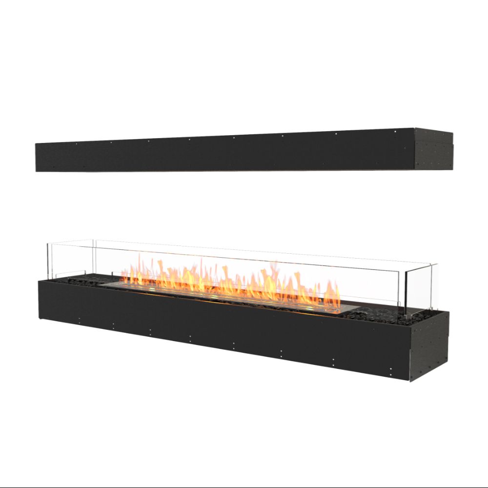 Flex 68IL Modern black fireplace with visible flames on a white background