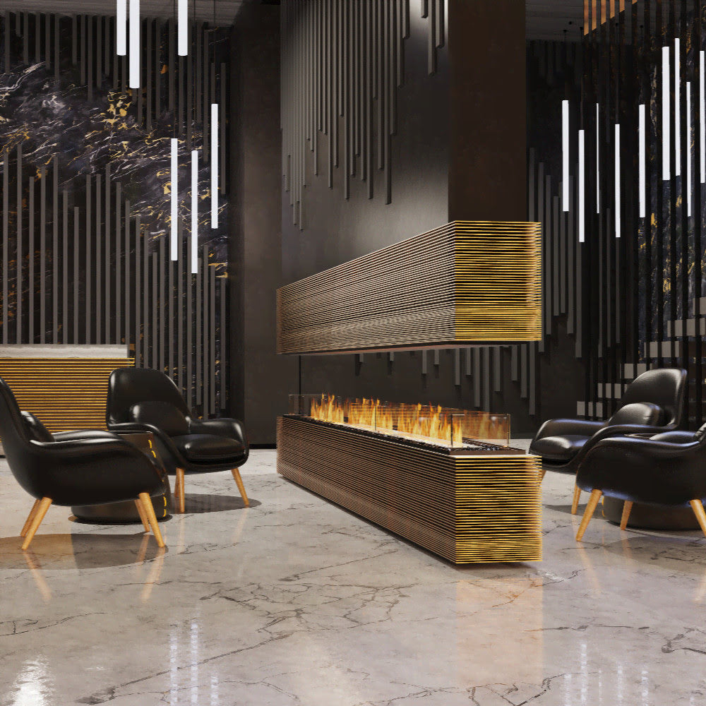Flex 68IL Modern interior with a fireplace and black chairs in a stylish room.
