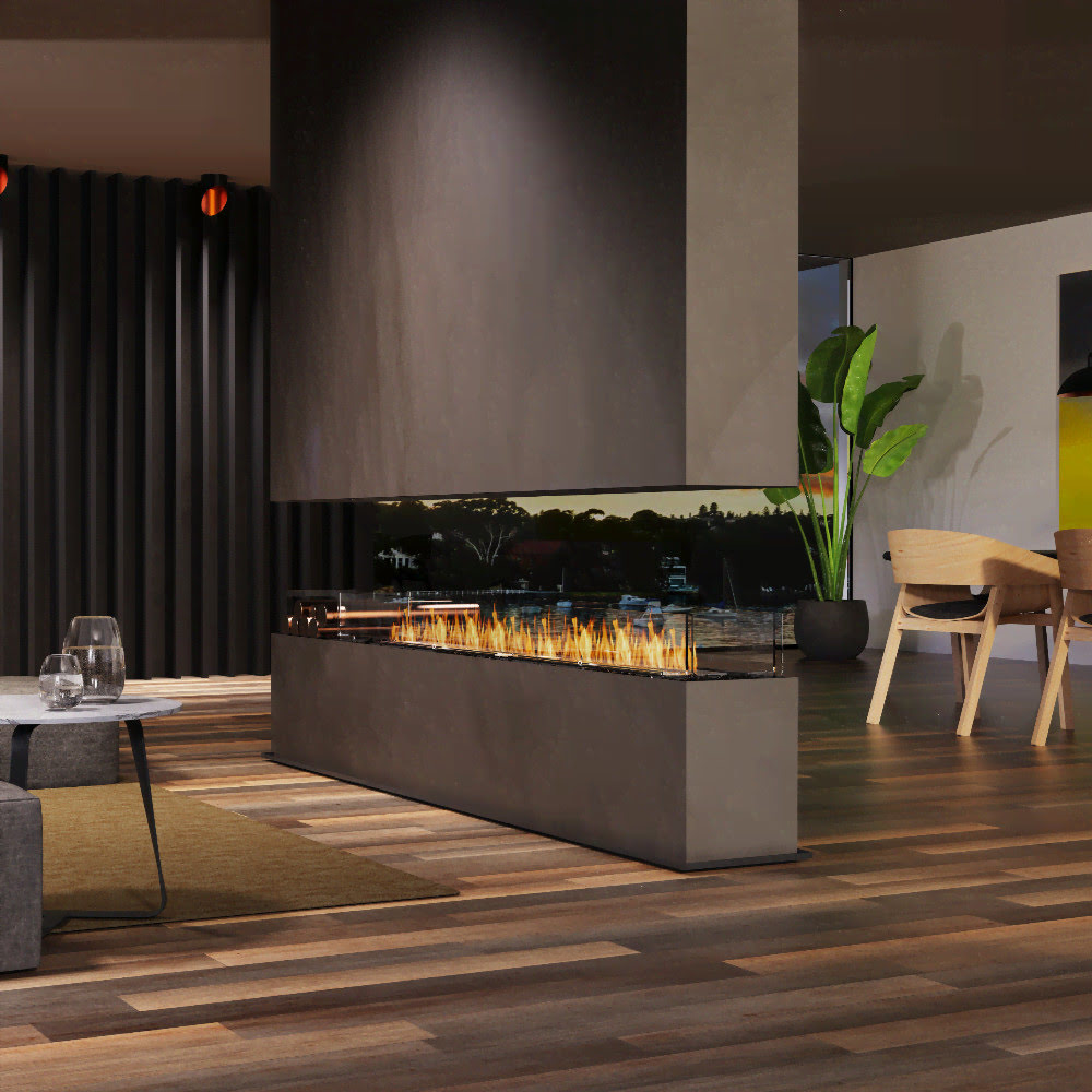 Flex 68IL Modern indoor fireplace in a living room setting with decorative elements.