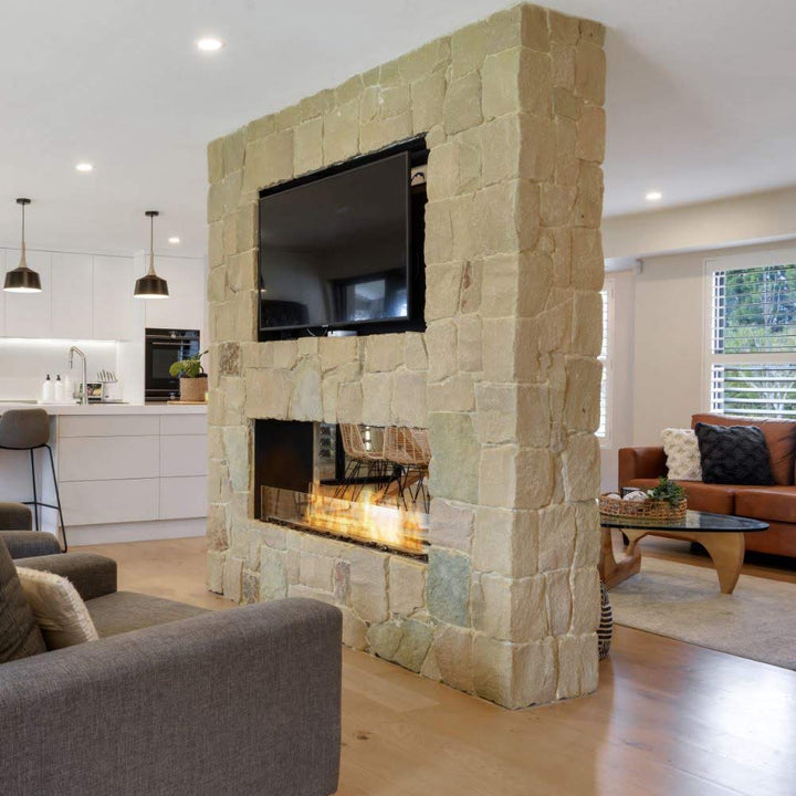 flex 86DB double sided ethanol fireplace insert Open Plan Living Area AU