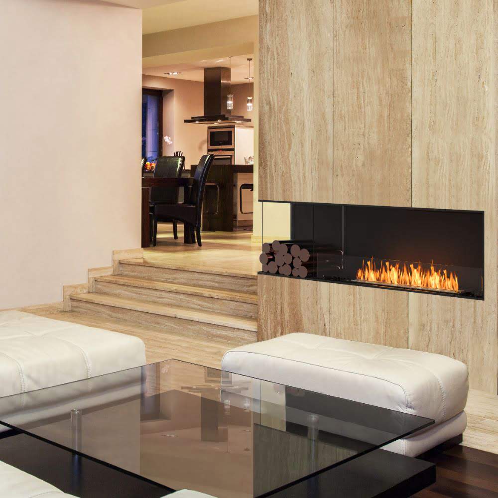 flex 86lc left corner ethanol fireplace insert glass table natural tones